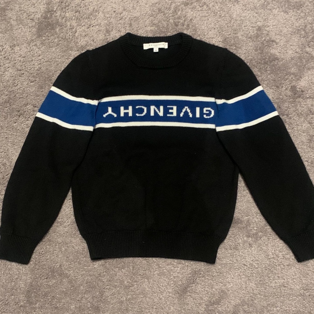 Givenchy Black and Blue Crewneck Sweater with Stripe Design